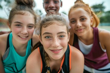 Happy Teens Celebrating Sports Victory in Vibrant Athletic Wear