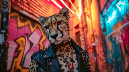 Sleek cheetah adorned with tribal tattoos, wearing a leather jacket, against an urban graffiti backdrop, lit with neon lights, exuding urban chic and speed - obrazy, fototapety, plakaty