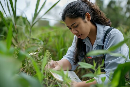 Latinx Environmental Scientist Researching in Field, Focused and Professional - Powered by Adobe