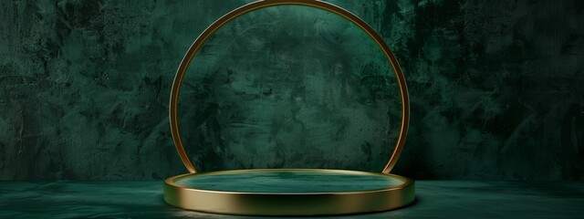 3D podium, green background with golden border, minimalism, green and gold color palette, podium for product presentation, design showcase scene, Minimal abstract background for product presentation
