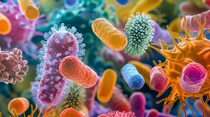 Explore microbial realms from a unique angle, revealing diverse ecosystems vividly. Illuminate their environmental and health significance with vibrant hues and intricate details







