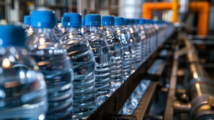 A scene from a food and beverage factory showing PET bottles on a production line being filled with water