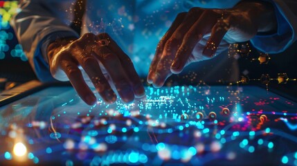 Close-up of a researcher's hands inputting drug data into an AI system, screen reflecting molecule visualizations