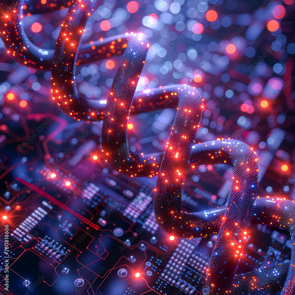 Poster a spiral of glowing wires and circuits. the image is a representation of the complex and intricate n