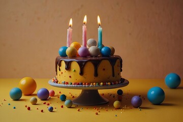 Designer birthday cake background. Happy birthday text with delicious cake element decoration.