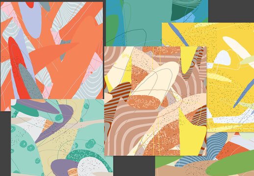 Seamless Pattern Set with Organic Grunge Textured Overlapping Oval Wavy Shapes and Lines