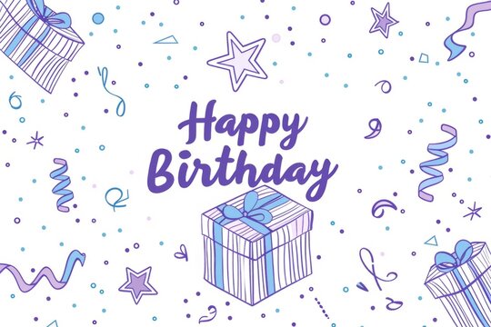 banner with text "Happy Birthday", simple lines depicting a gift box and confetti scheme of purple and blue on a white background Generative AI