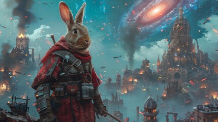 A rabbit in barbarian attire stands amidst ruins with smoldering furnaces in a post-apocalyptic setting, with a galaxy swirling in the sky. - obrazy, fototapety, plakaty