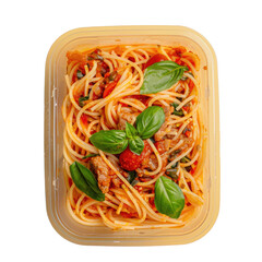 A plastic container of spaghetti and tomatoes, staple food, on a transparent backgroundware