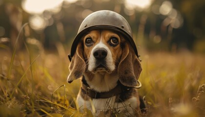 A determined beagle wearing a World War 2 helmet, dodging invisible foes with floppy ears flying, embodying a lighthearted soldier's spirit. - obrazy, fototapety, plakaty