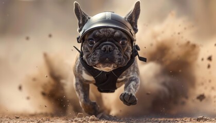 A French Bulldog with a helmet races through a battlefield, legs a blur, dodging imaginary enemies with comedic flair. - obrazy, fototapety, plakaty