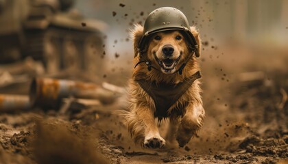 A playful golden retriever wearing a WWII helmet runs through a war zone dodging bullets, determined to find the perfect stick. - obrazy, fototapety, plakaty