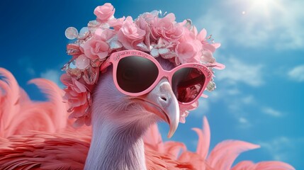 Picture a chic flamingo in a feathered boa, accessorized with oversized sunglasses and a sparkling tiara. Against a backdrop of tropical sunsets, it exudes glamour and flamboyance. Mood: vibrant and e - obrazy, fototapety, plakaty