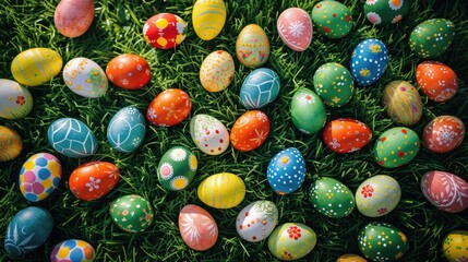 A variety of vibrant Easter eggs are displayed on the grass, creating a colorful and festive event. The eggs showcase intricate patterns and are made of natural materials AIG42E - Powered by Adobe