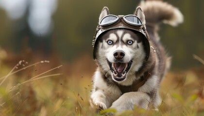 A Siberian Husky wearing a vintage war helmet, zooming through a field in a playful battle. Its bewildered expression adds comedy to courage. - obrazy, fototapety, plakaty