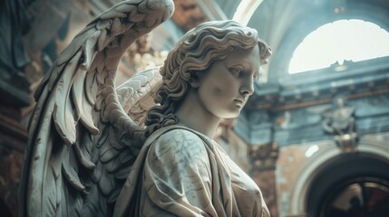 Detailed close-up of an angel statue, suitable for religious or spiritual concepts - obrazy, fototapety, plakaty
