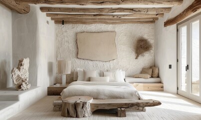A white rustic Greek style bedroom with wood accents and a rough textured sandstone ceiling