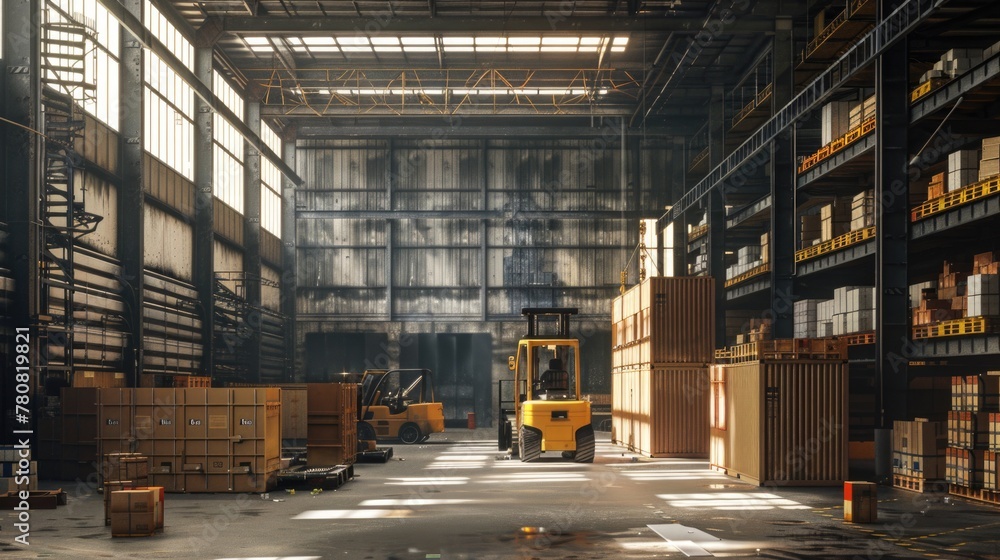 Poster industrial scene with forklift and boxes. suitable for logistics and storage concepts