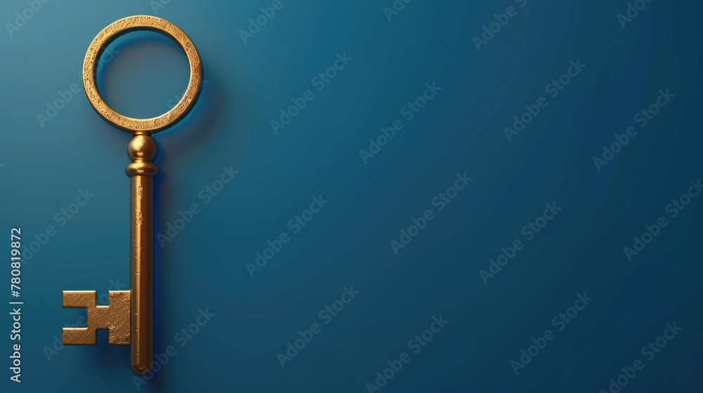 Poster A golden key resting on a blue surface. Ideal for concepts of security and access