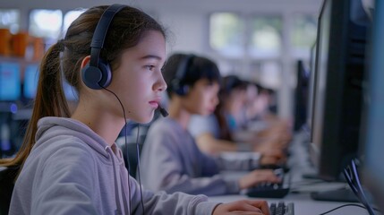 A young girl wearing headphones while using a computer. Suitable for technology and education concepts - obrazy, fototapety, plakaty