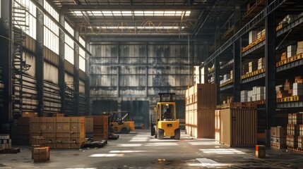 Industrial scene with forklift and boxes. Suitable for logistics and storage concepts - obrazy, fototapety, plakaty