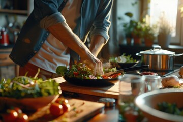 Man preparing fresh salad in a modern kitchen. Great for healthy eating concept