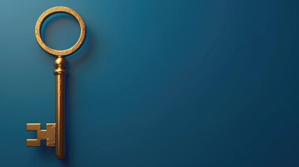A golden key resting on a blue surface. Ideal for concepts of security and access
