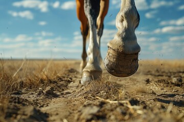 Close up of a horse's foot in the dirt. Suitable for equestrian or farm themes - obrazy, fototapety, plakaty