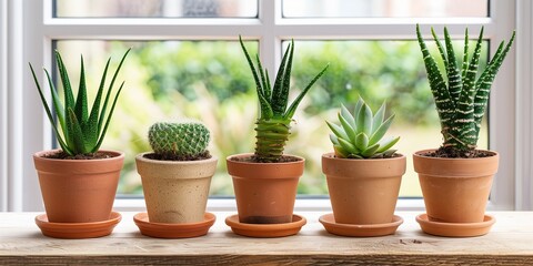 A collection of various succulent plants displayed in terracotta pots on a wooden surface, with a bright window backdrop, offering a sense of calm and natural decor