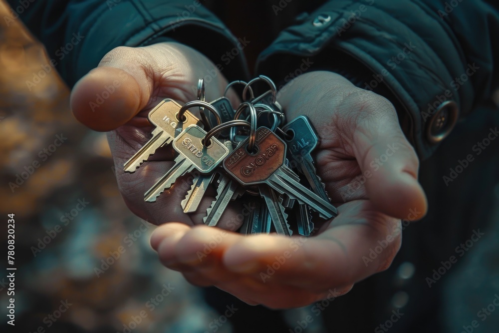Poster a person holding a bunch of keys. ideal for real estate or security concepts