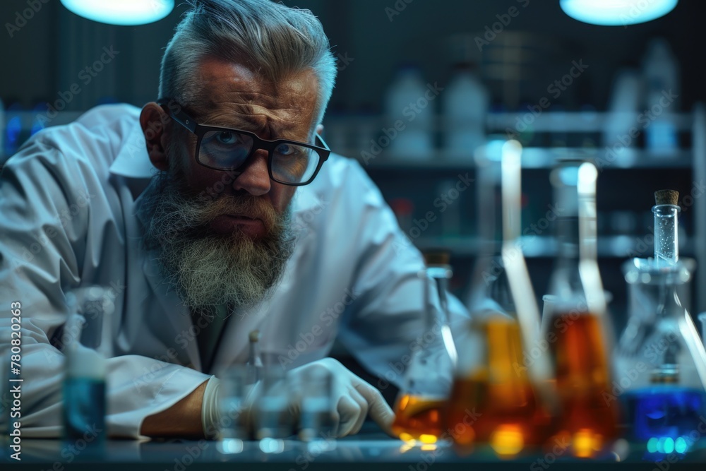 Poster a man in a lab coat analyzing a flask. suitable for scientific and educational projects