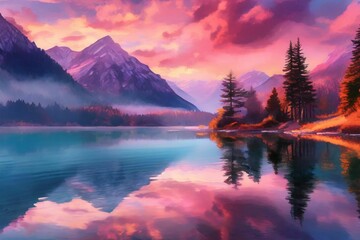 Beautiful pink cloudy sunset over a still mountain lake, dramatic colors photograph, - obrazy, fototapety, plakaty