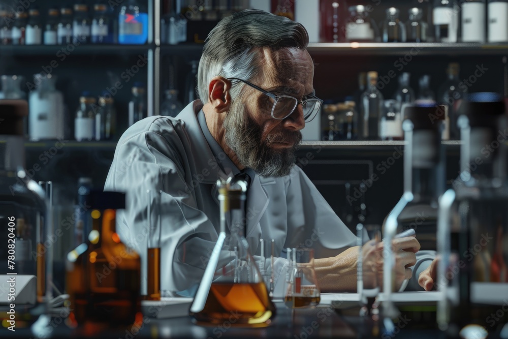 Poster A man sitting at a table using a cell phone. Suitable for technology and communication concepts