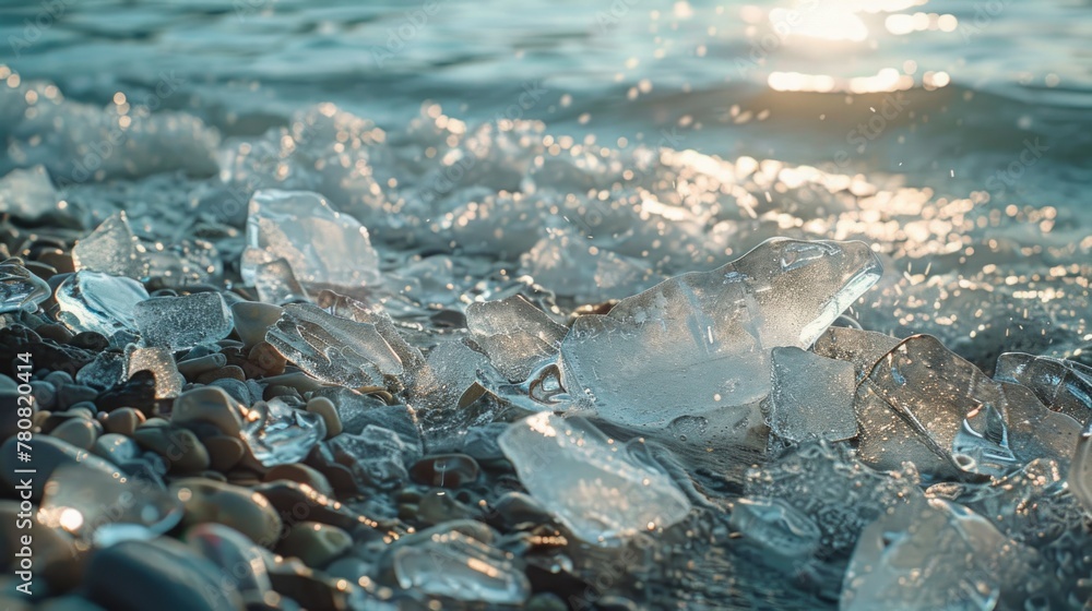 Poster a bunch of ice pieces on a sandy beach. suitable for various nature and climate-related projects