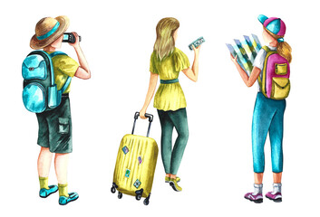 A set of pictures with tourists and travelers, rear view. A hand-drawn watercolor illustration. Designed for flyers, banners and postcards. For invitations, posters, stickers and prints.