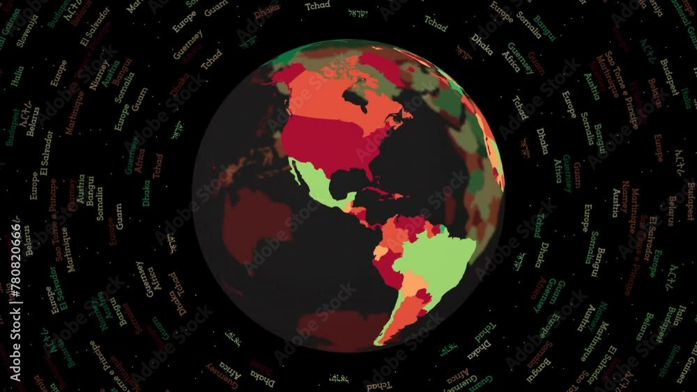 Poster Rotating globe. Dark translucent globe with round geographical names text. Artistic spinning planet. Elegant animation.