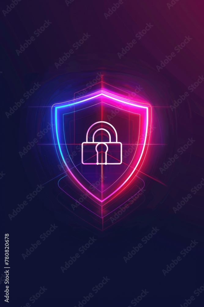 Poster neon shield with padlock, suitable for cybersecurity concepts