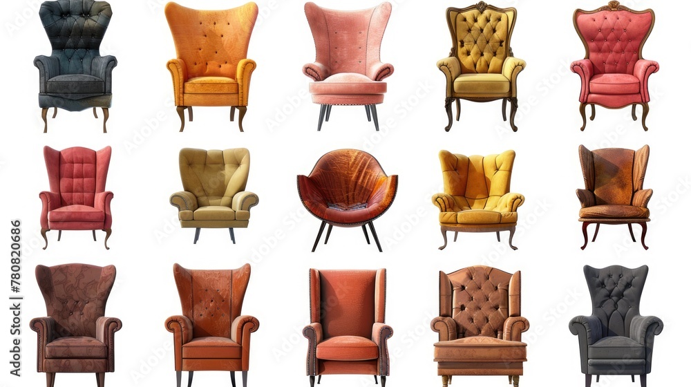 Aufkleber a collection of nine different colored chairs on a plain white background. ideal for furniture store