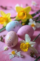 Colorful Easter eggs and bright daffodils on a pink background. Perfect for spring holiday designs