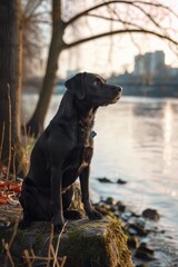 A black dog sitting on a rock next to a body of water. Suitable for outdoor and nature themes
