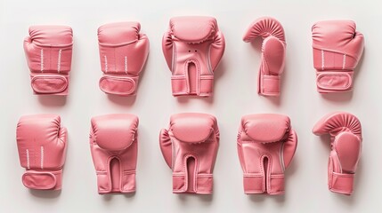 Arranged pink boxing gloves and gear on white, depicting discipline and precision in combat sports. Ideal for marketing fitness equipment with a focus on style and function