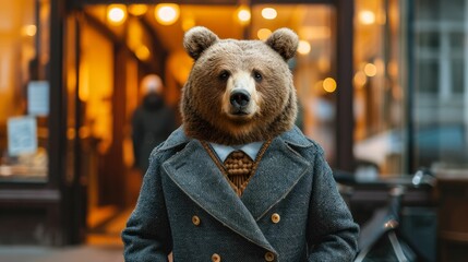 Dapper bear struts through urban jungle, exuding street style in a tailored ensemble. Realistic cityscape forms the backdrop, capturing the essence of sophisticated, furry fashion - obrazy, fototapety, plakaty