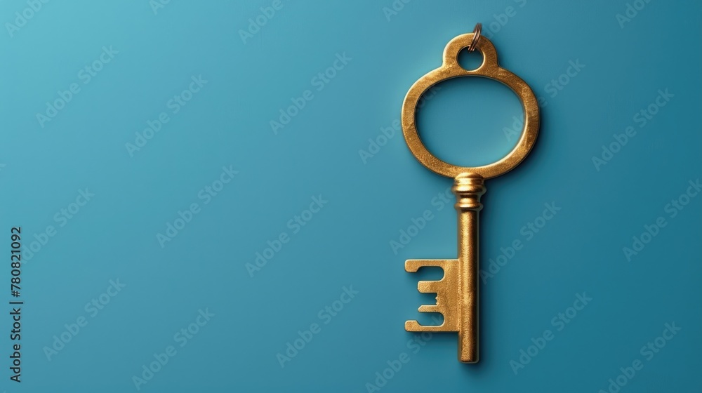 Poster a shiny golden key against a vibrant blue backdrop. perfect for security or unlocking concepts