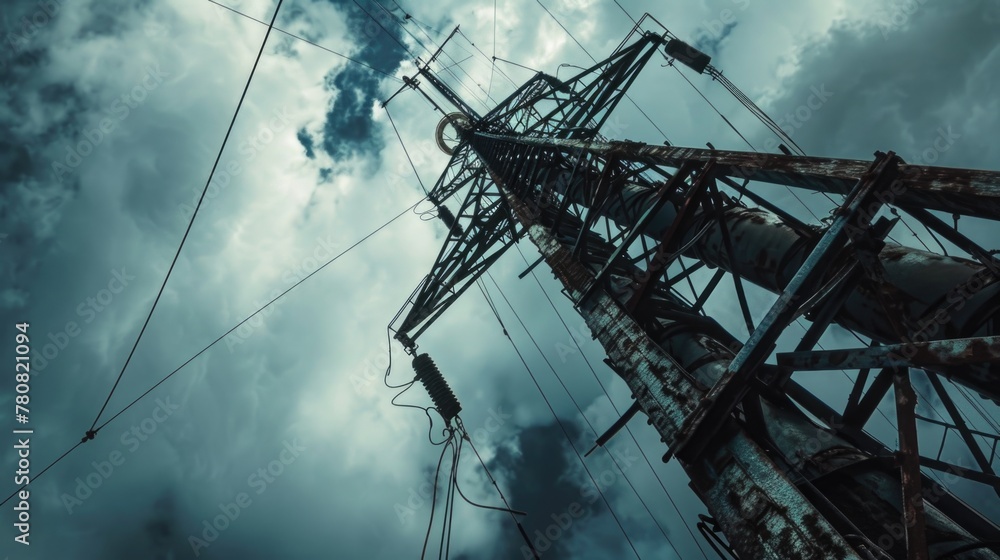 Poster a very tall tower with numerous wires, suitable for technology concept images