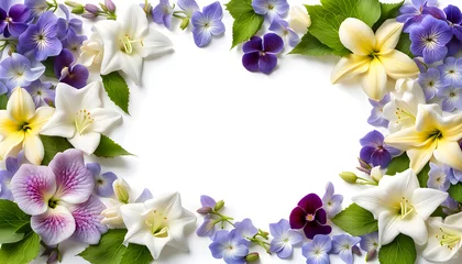 Fotobehang Cinema screenshot image of jasmine lily hollyhocks pansy periwinkle and lavender flowers border frame © Spring of Sheba