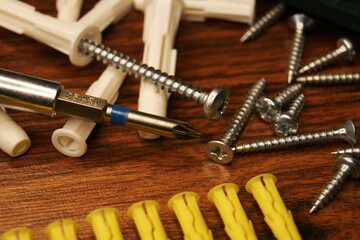 A mess in the assembly work process on the table. Dowels, screws, screwdriver, bit set. 