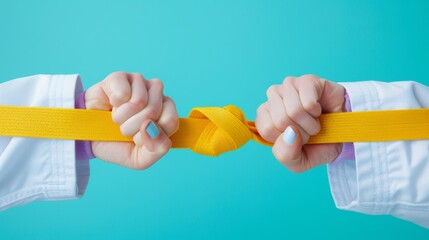 Two hands tie a yellow martial arts belt, uniting tradition and perseverance on a soothing blue backdrop
