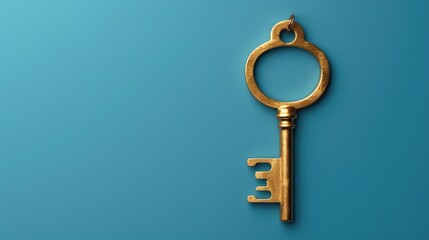 A shiny golden key against a vibrant blue backdrop. Perfect for security or unlocking concepts
