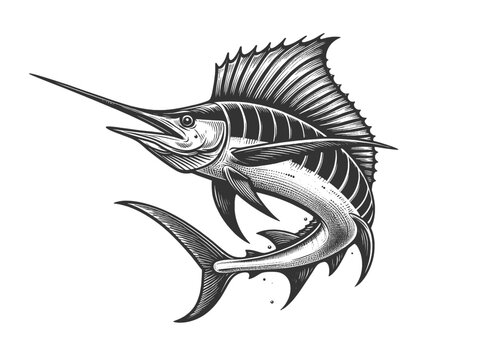 sailfish blue marlin fish sketch engraving generative ai fictional character vector illustration. Scratch board imitation. Black and white image.