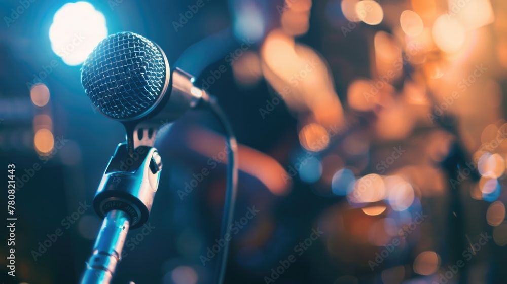 Poster microphone on stand in front of a stage, suitable for music or public speaking events